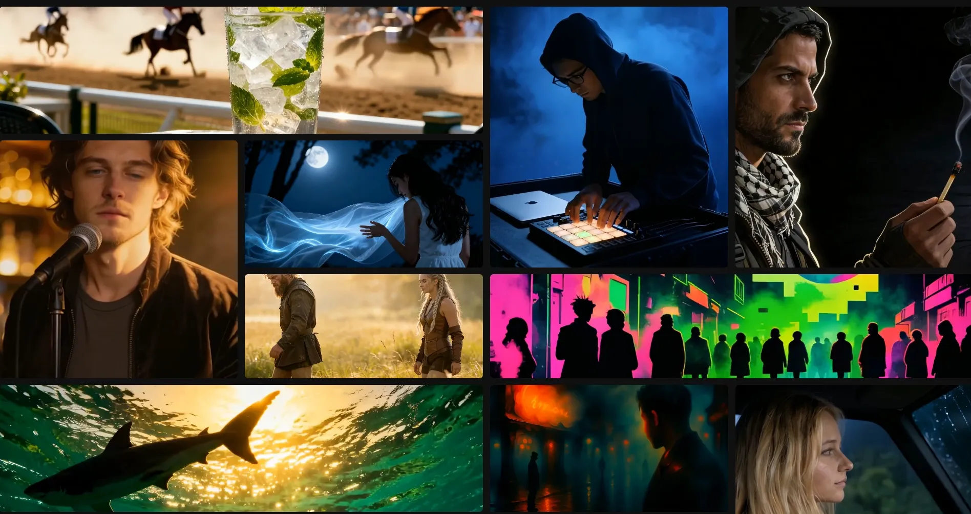 A collage featuring various scenes including music, nature, and nightlife.