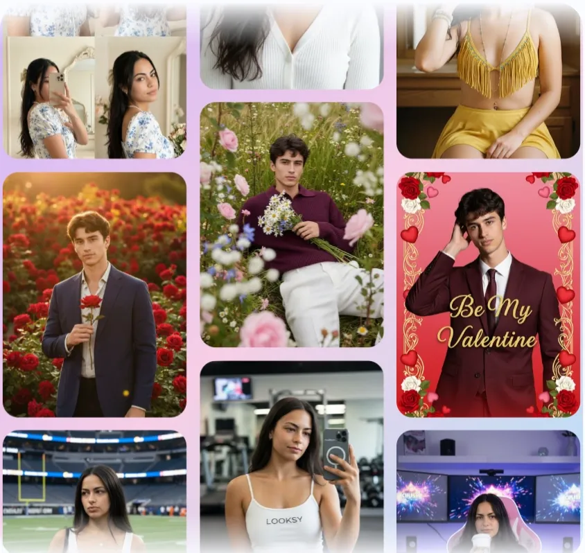 Eine Collage mit jungen Erwachsenen in verschiedenen Posen und Outfits, darunter florale Hintergründe.