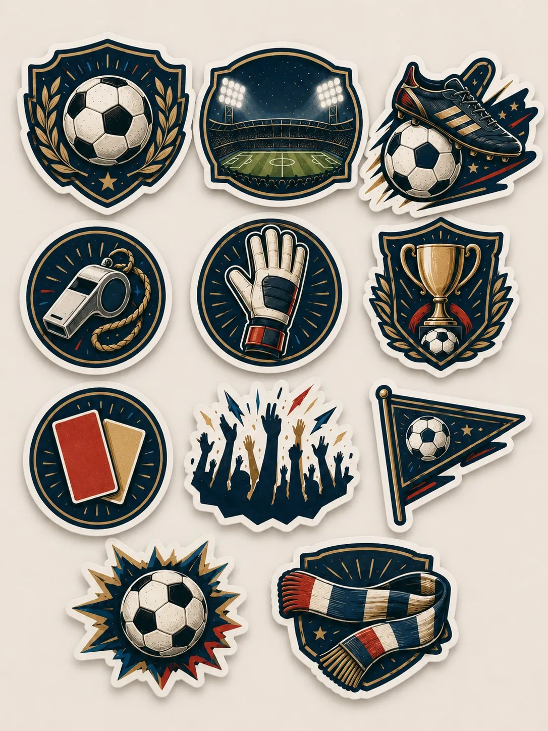 Collection d’autocollants football au style rétro avec ballon, stade, sifflet et trophée gérérée par IA