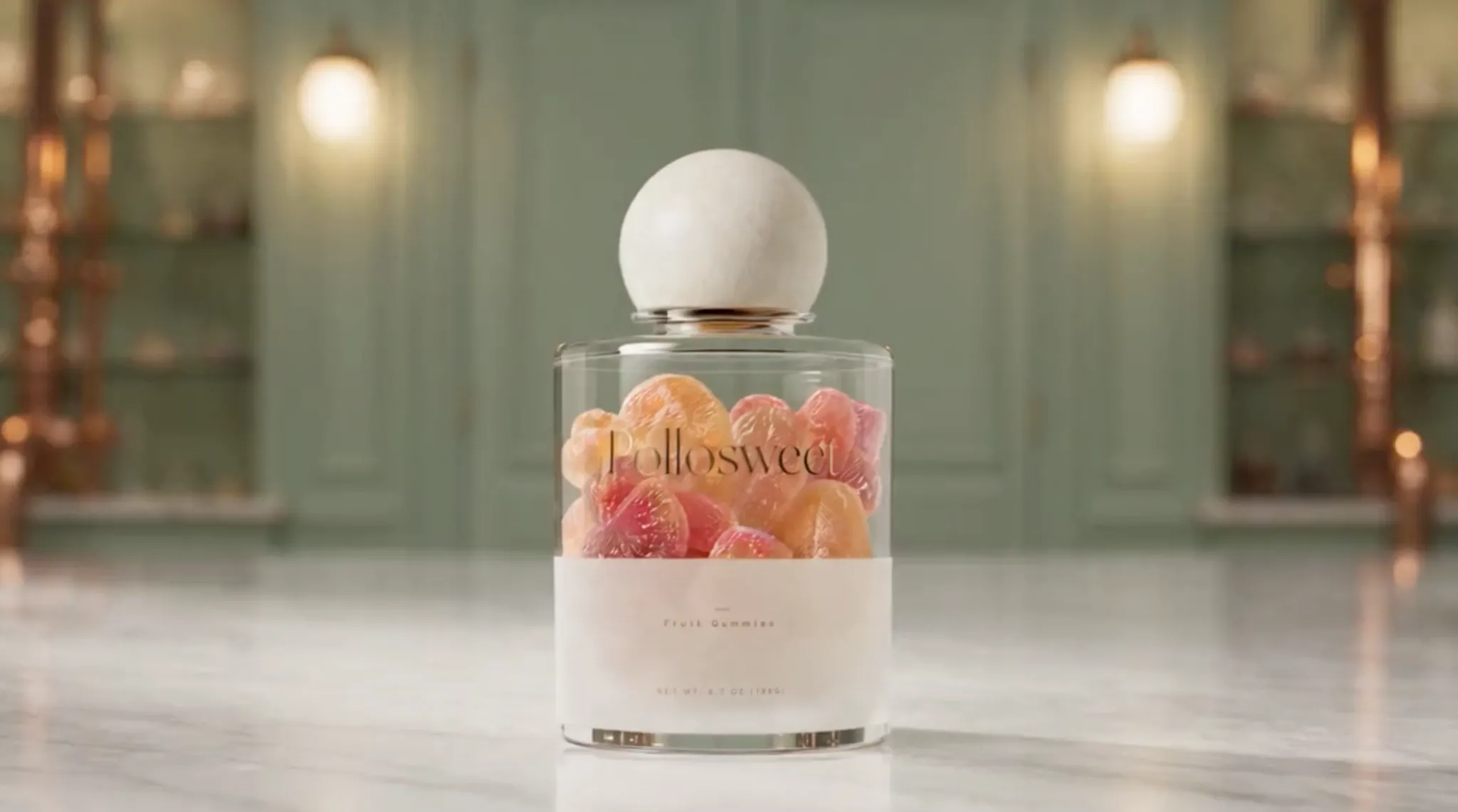 A clear bottle filled with colorful fruit gummies on a marble surface.