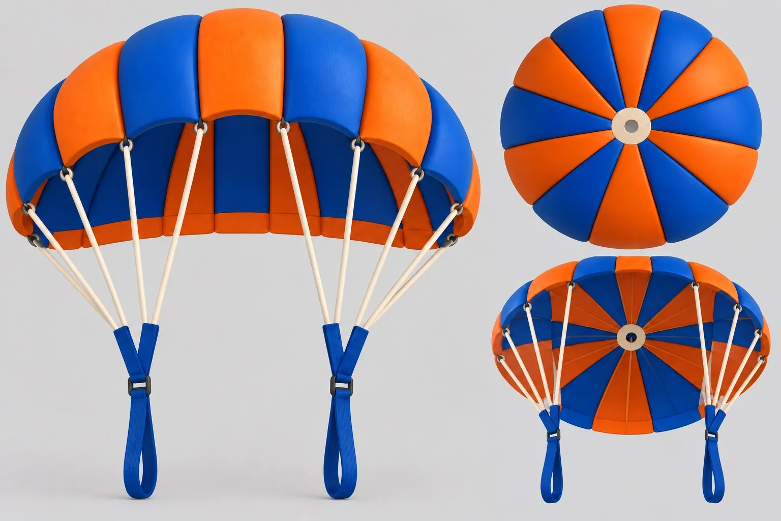 Ein farbenfroher Fallschirm in Blau und Orange mit Schnüren.