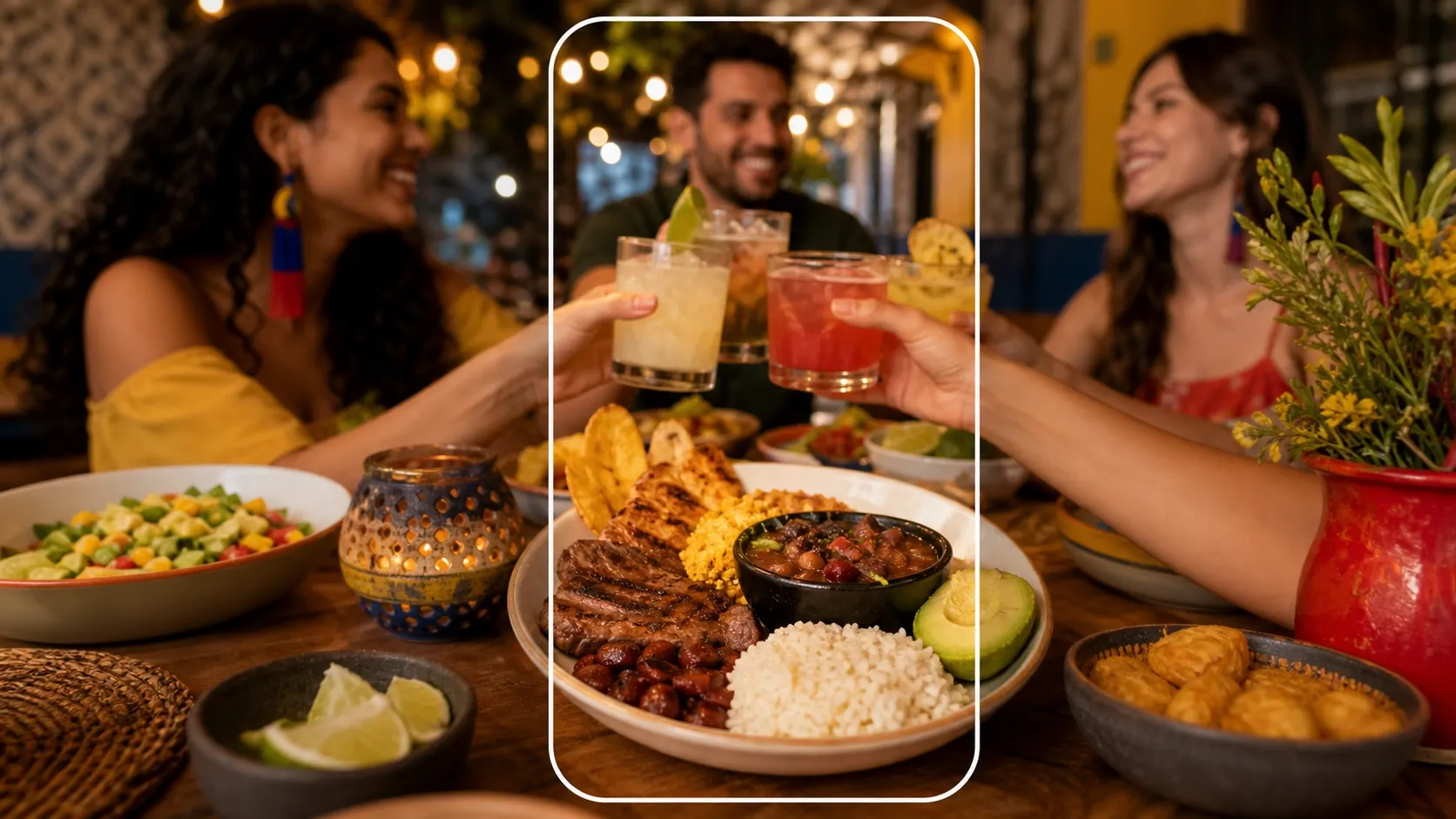 Grupo de amigos brindando con bebidas frente a una mesa llena de comida.