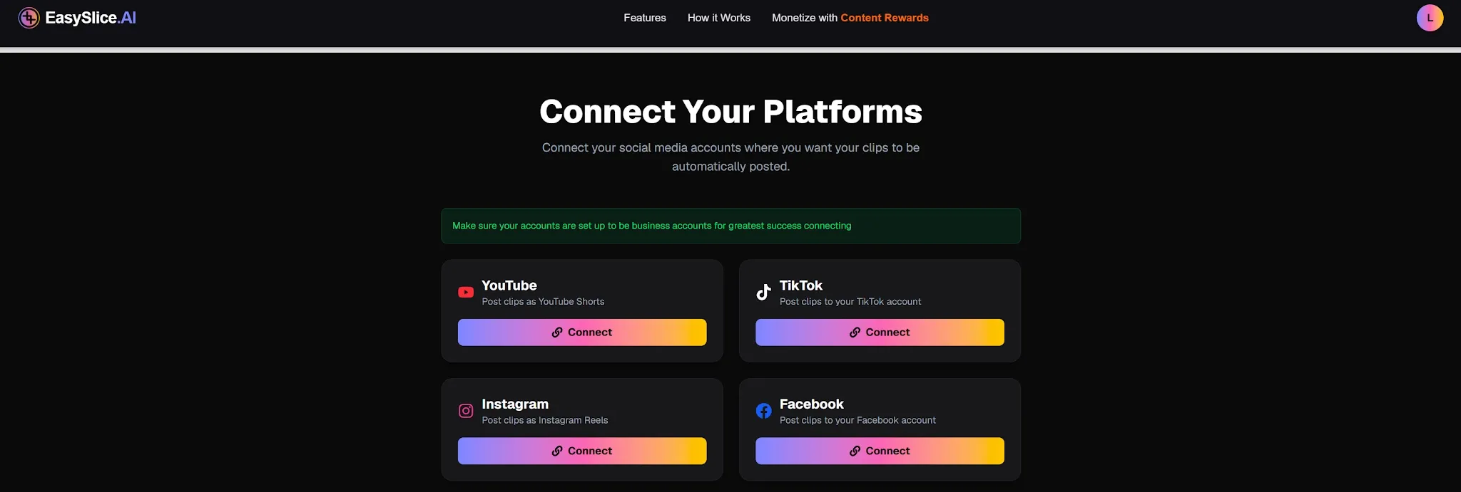 Interfaz para conectar cuentas de redes sociales como YouTube y TikTok.