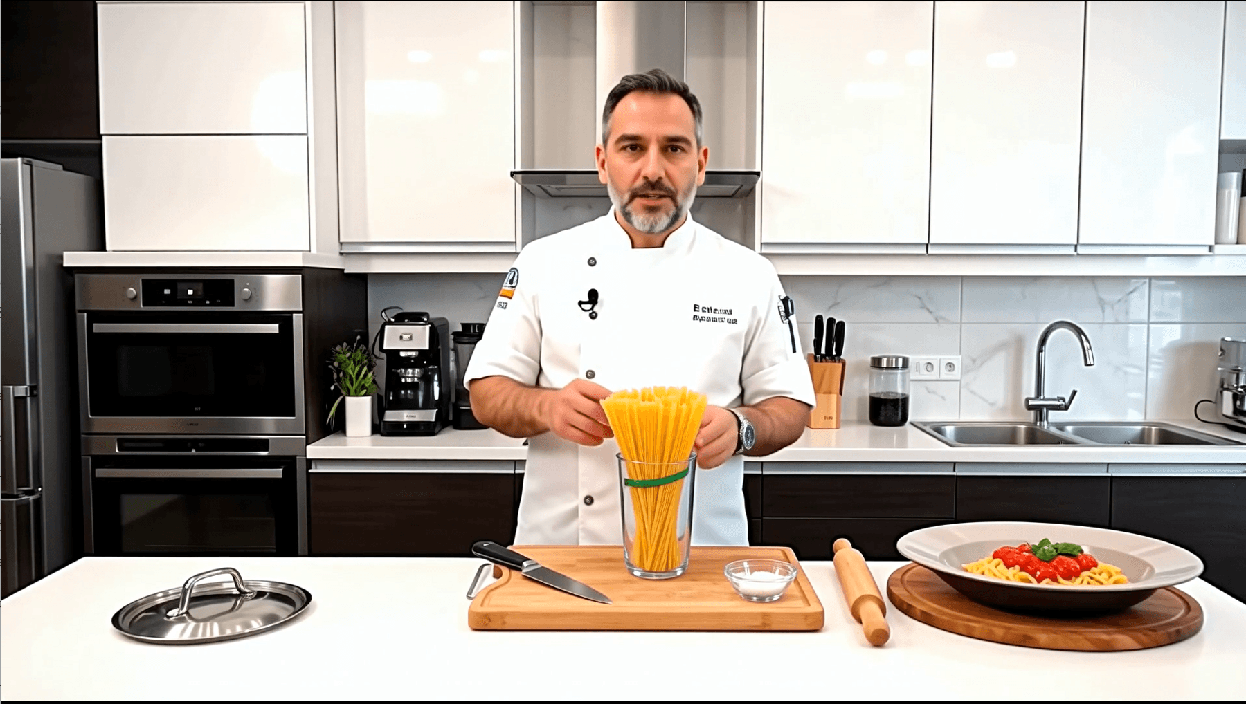 Chef in modern kitchen, preparing fresh meal.