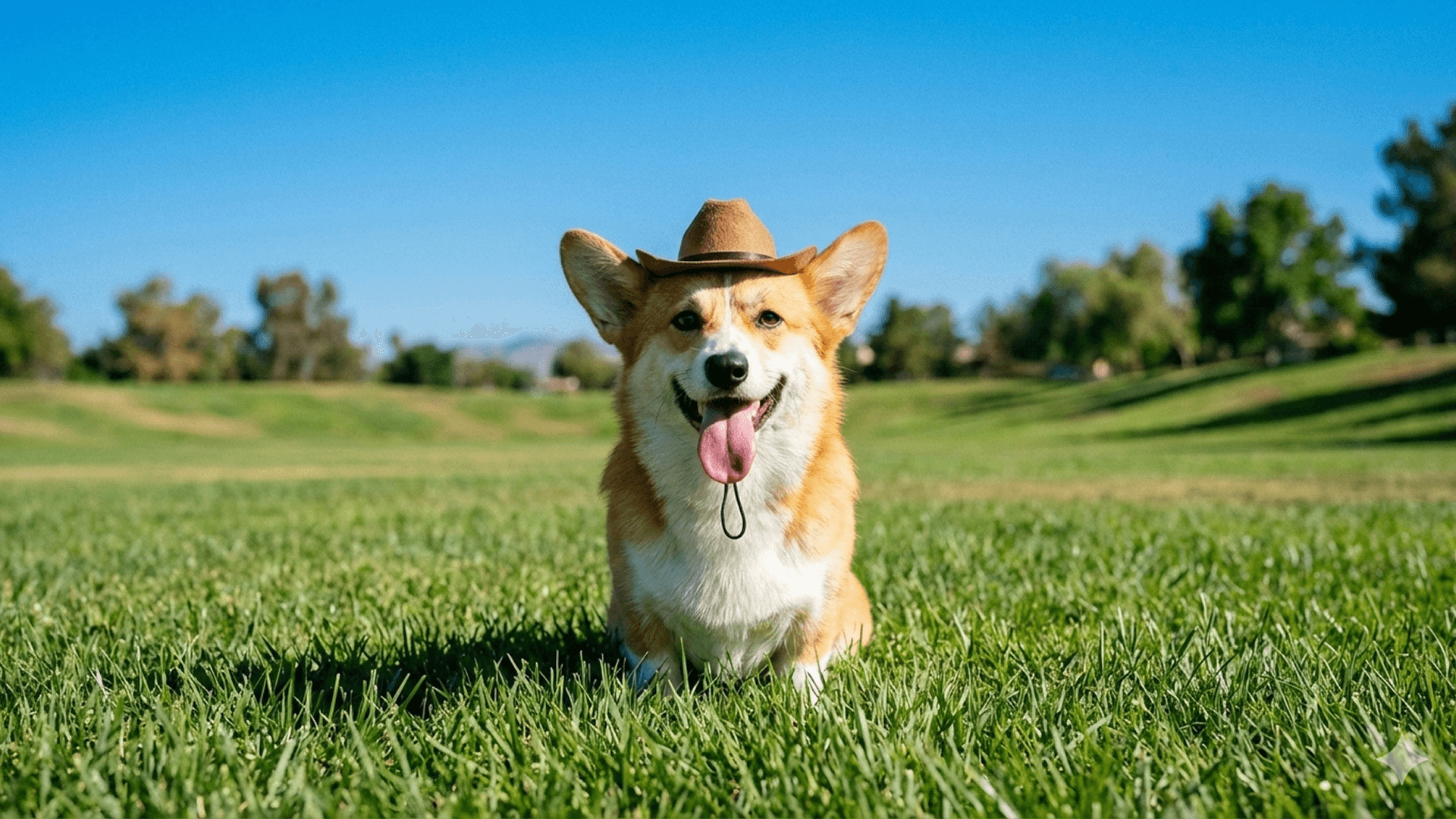 帽子をかぶったコーギー犬が草の上に座っている