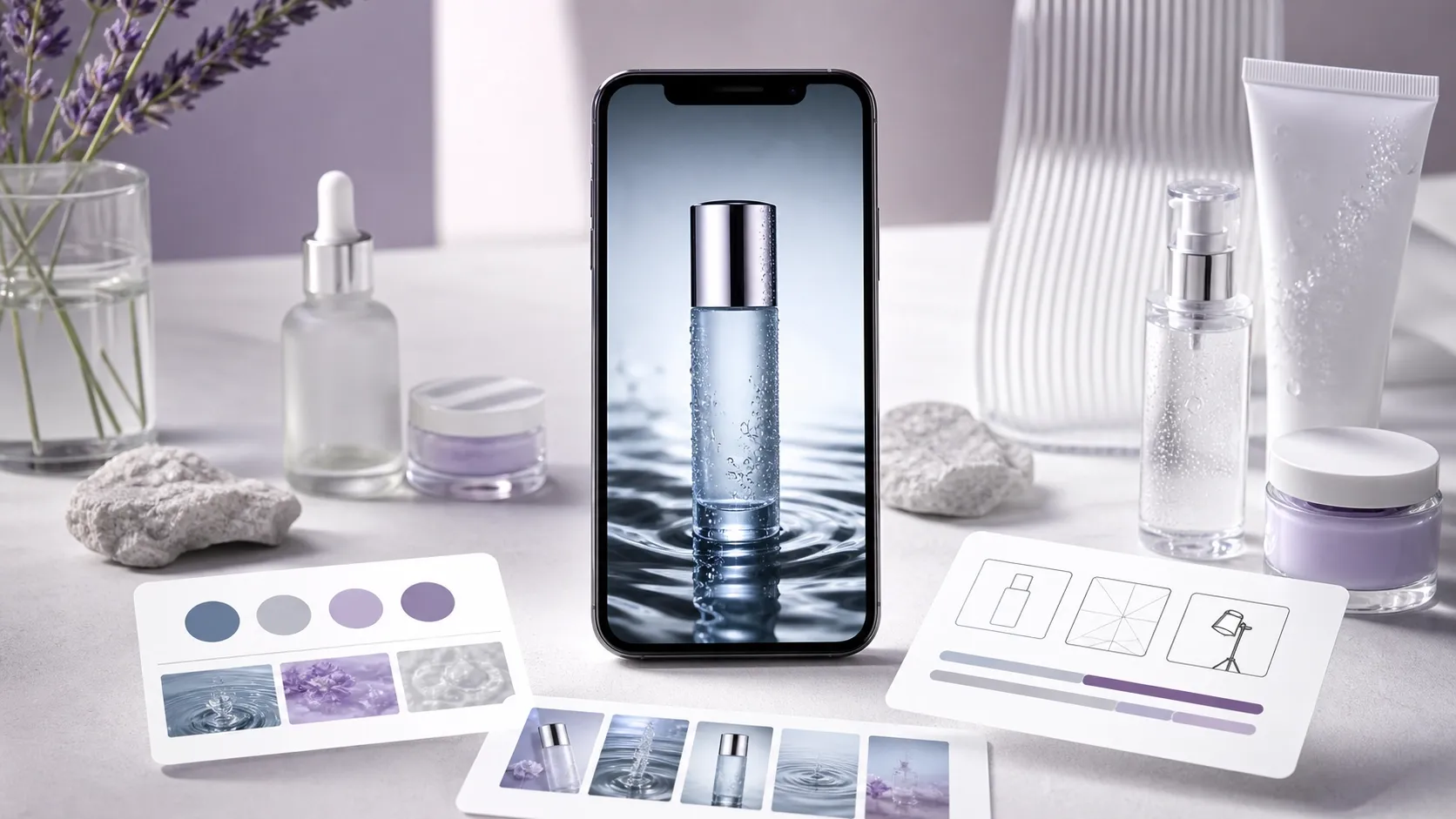 Productos cosméticos y un teléfono mostrando un frasco de agua en un fondo elegante.