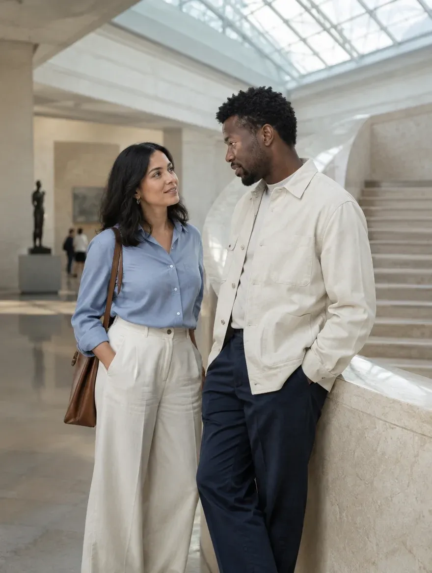 A couple converses in a museum with modern architecture.