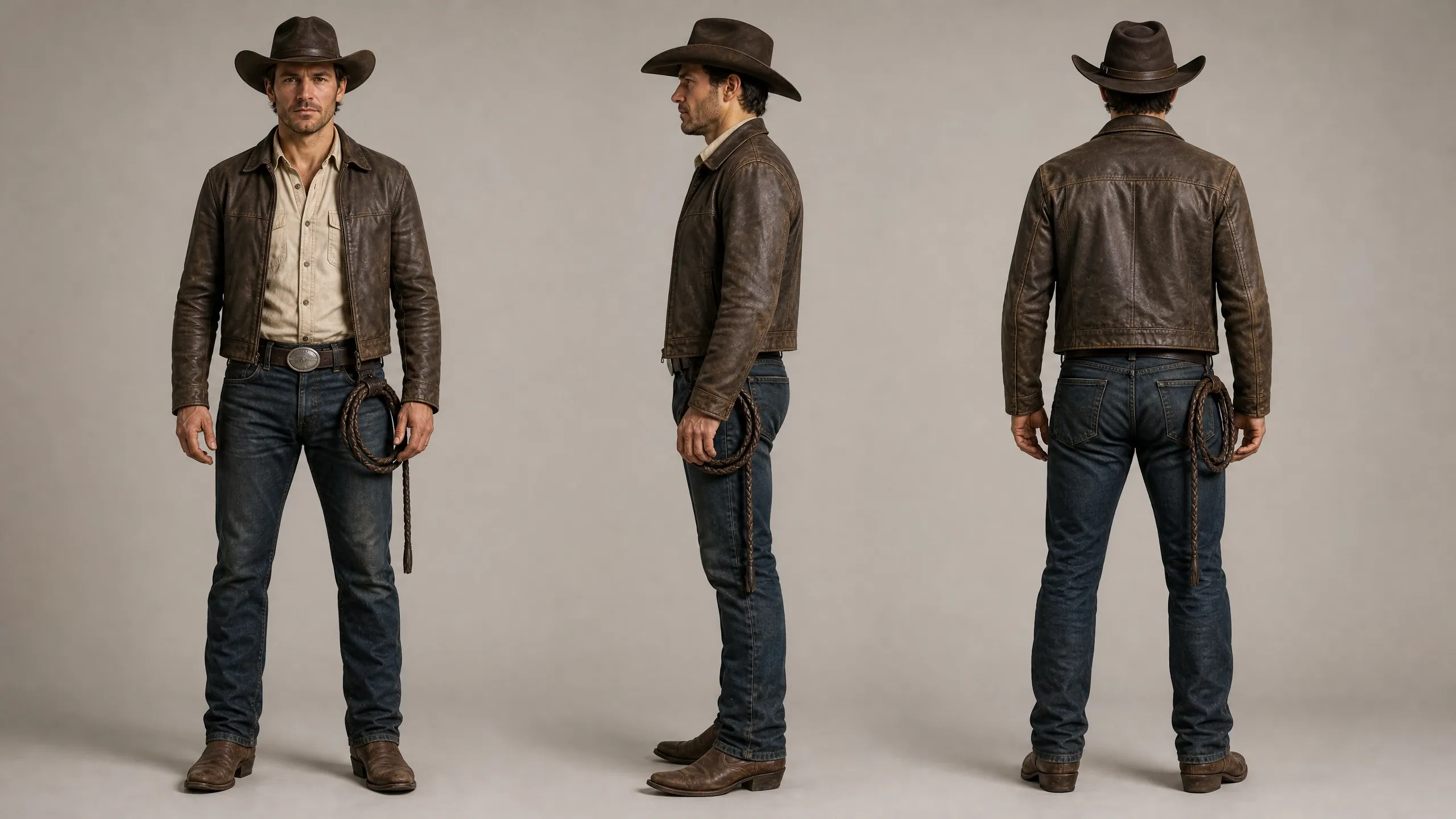 A cowboy wearing a leather jacket, jeans, and a hat, holding a lasso.