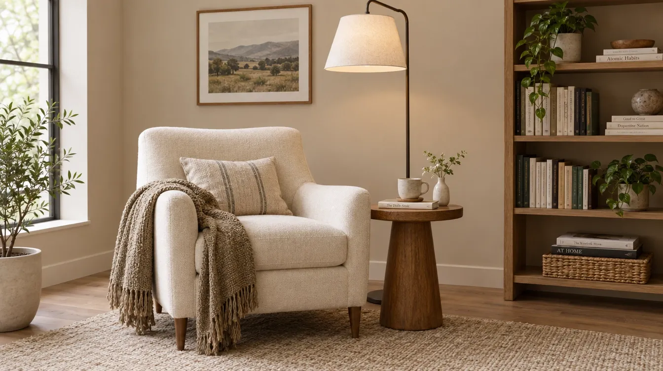 A cozy chair with a blanket and a side table in a warm living room setting.
