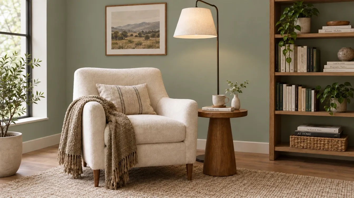 A cozy living room with a chair, lamp, and bookshelf against a green wall.