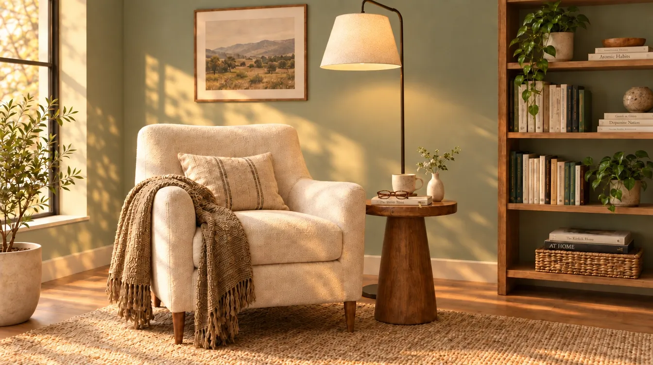 A cozy living room featuring a soft armchair, lamp, and bookshelf.