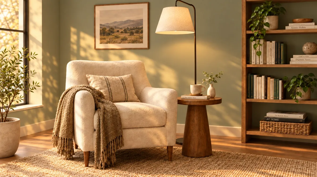 A cozy living room featuring a plush armchair, side table, and bookshelf.