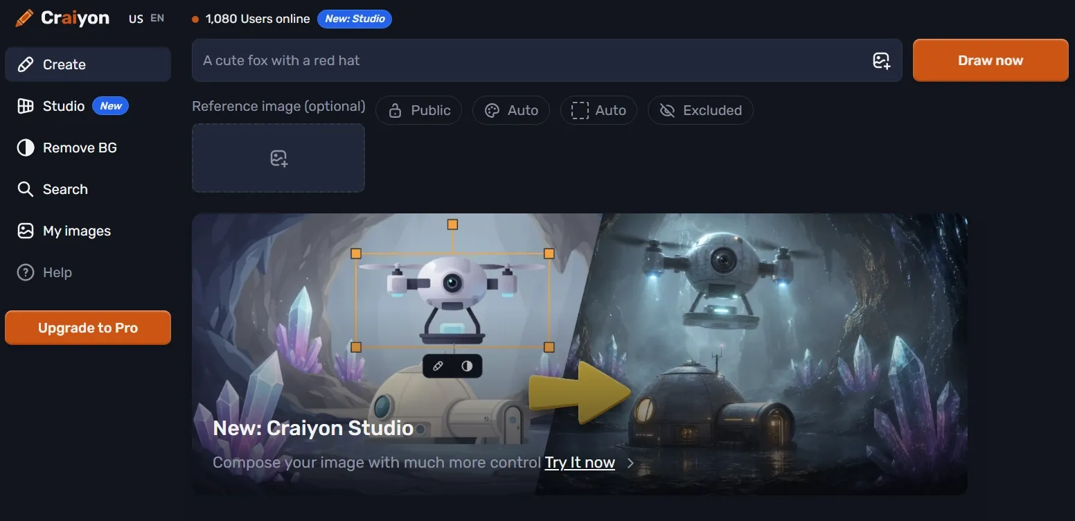 Craiyon Studio 的用户界面，配有无人机和水晶。