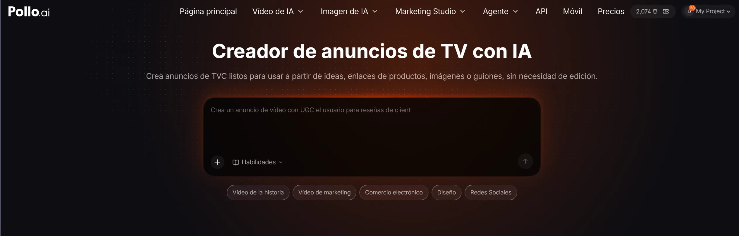 Interfaz de un creador de anuncios de TV con inteligencia artificial.