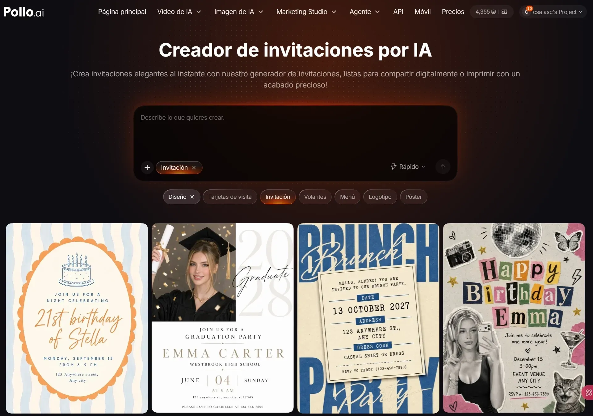 Interfaz de un generador de invitaciones en línea con varios diseños.