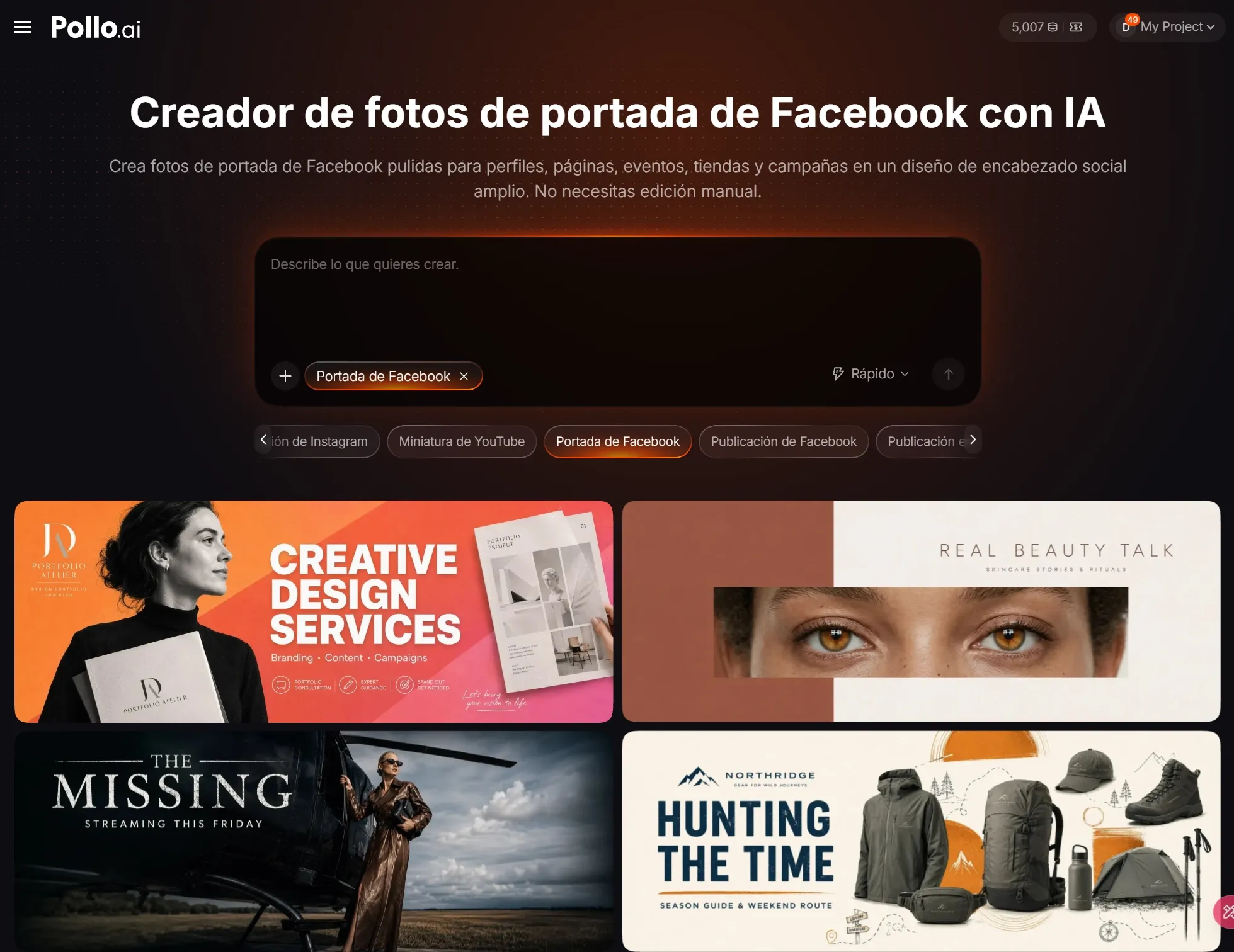 Interfaz de un creador de fotos de portada de Facebook con opciones de diseño.