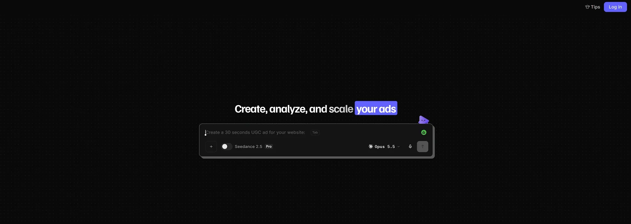 Une interface utilisateur pour la création et l'analyse de publicités avec un fond sombre.