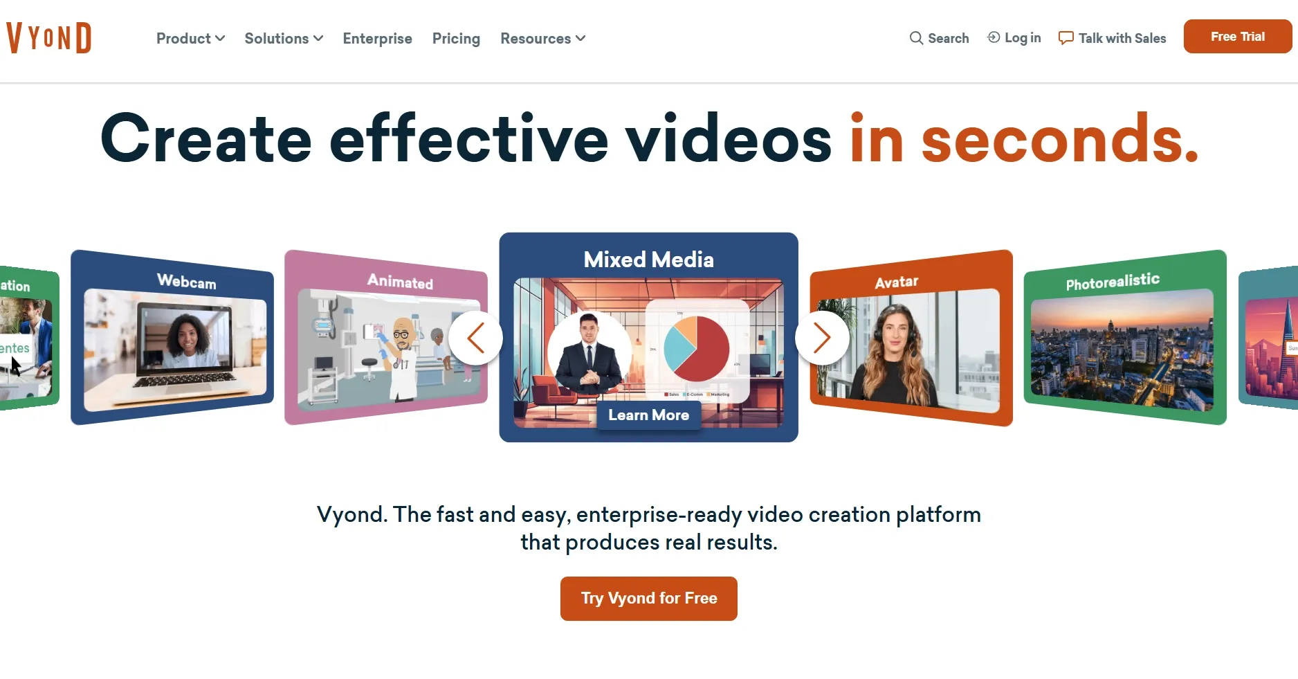 Vyond platform showcasing various video creation options and features.