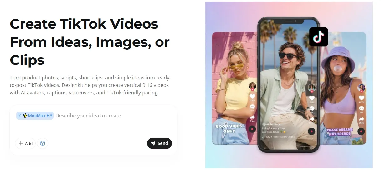 若者と字幕が表示されたTikTok動画を映すスマートフォン。