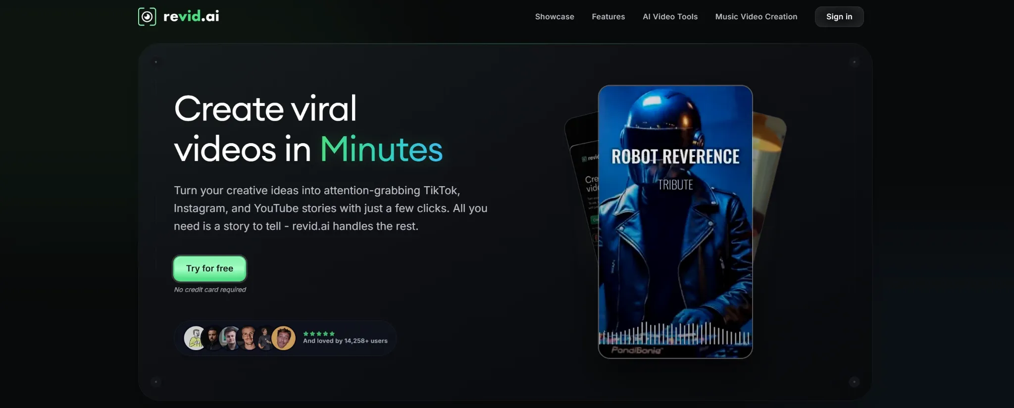 A website interface promoting video creation tools with a robot-themed design.