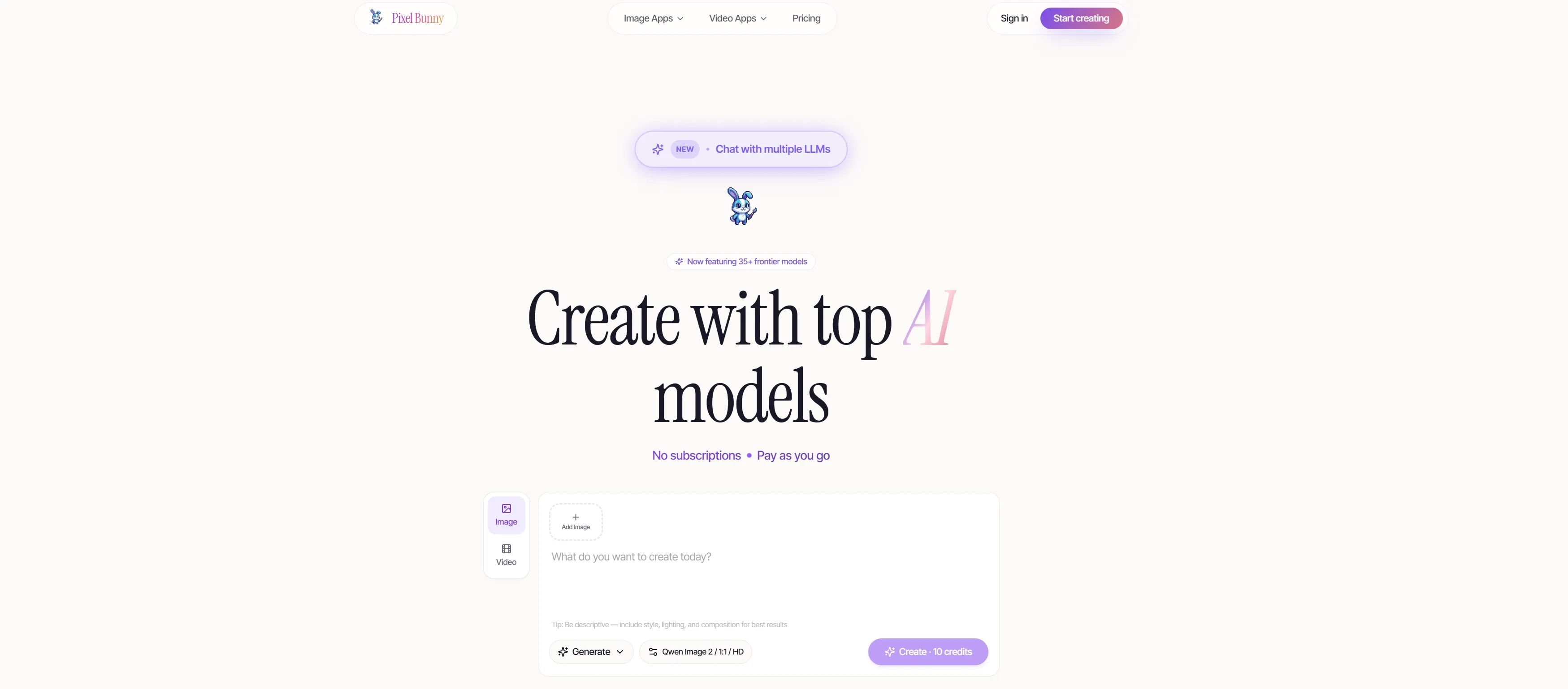 AIモデルで作成するためのWebサイトインターフェース。チャット入力を備えています。