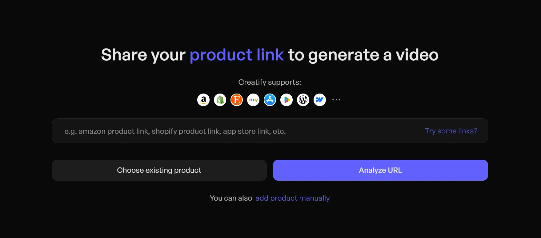 Collegamento del prodotto della piattaforma Creatify all'interfaccia utente per la generazione di video, con supporto per l'analisi degli URL da Amazon, Shopify e altre piattaforme di e-commerce.