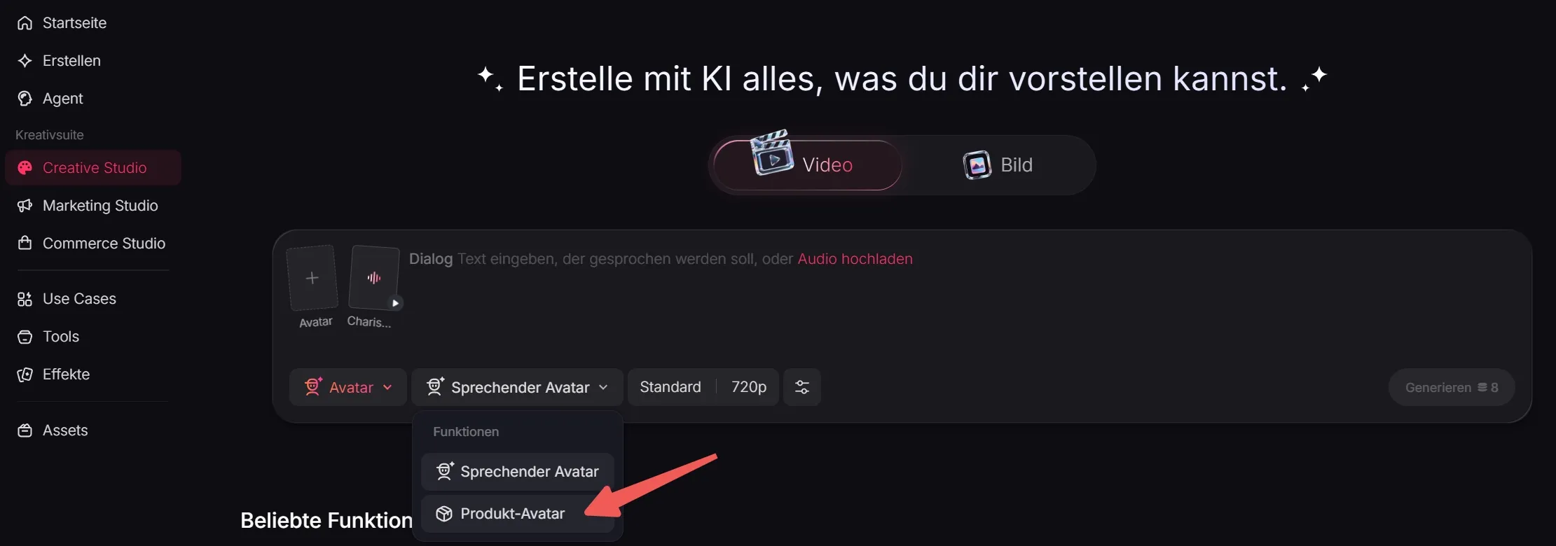 Benutzeroberfläche des Creative Studios mit Optionen für Avatare und Audio.