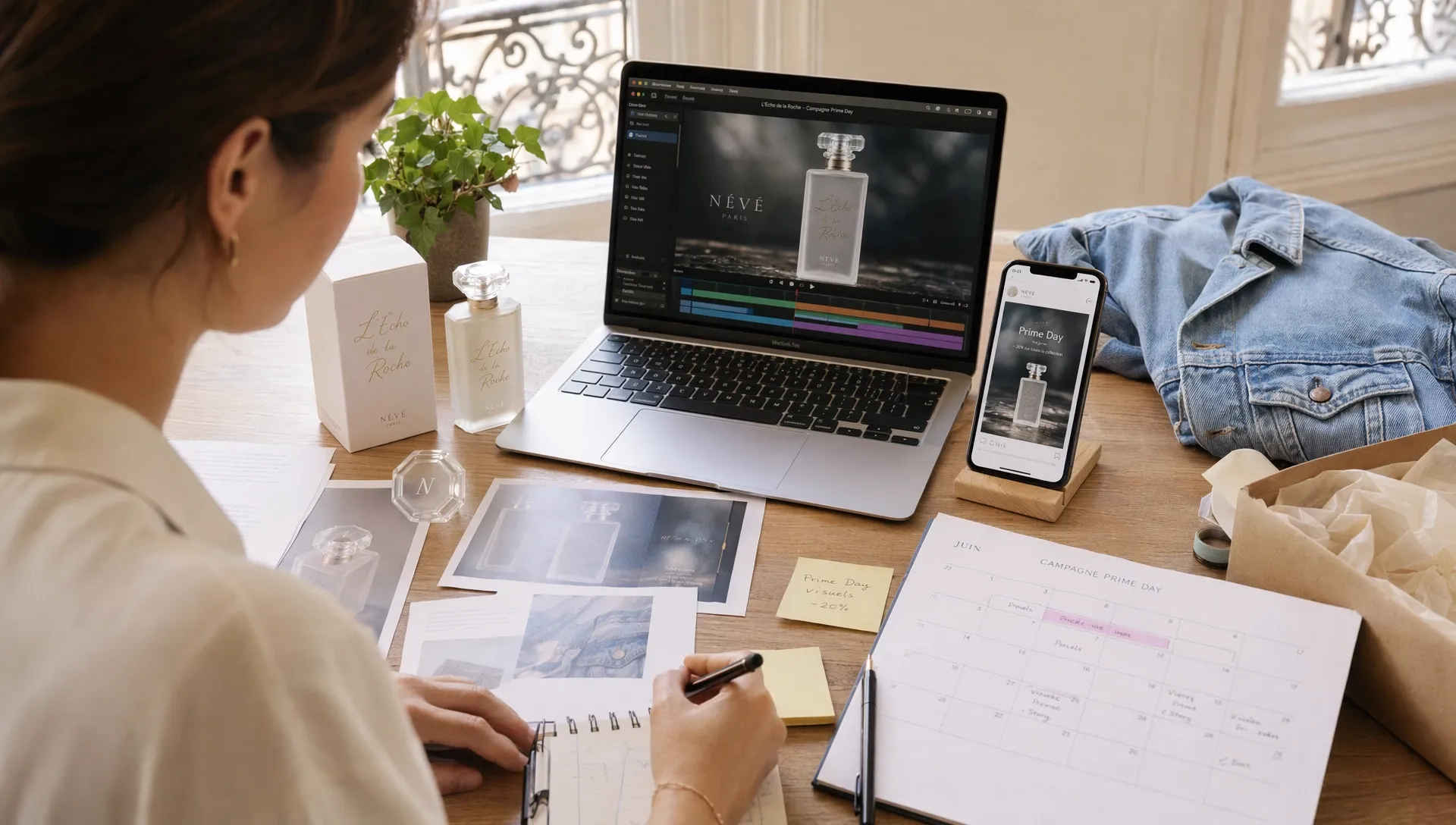Créatrice préparant des contenus promo pour Prime Day avec des photos produit, une vidéo parfum et une veste en jean