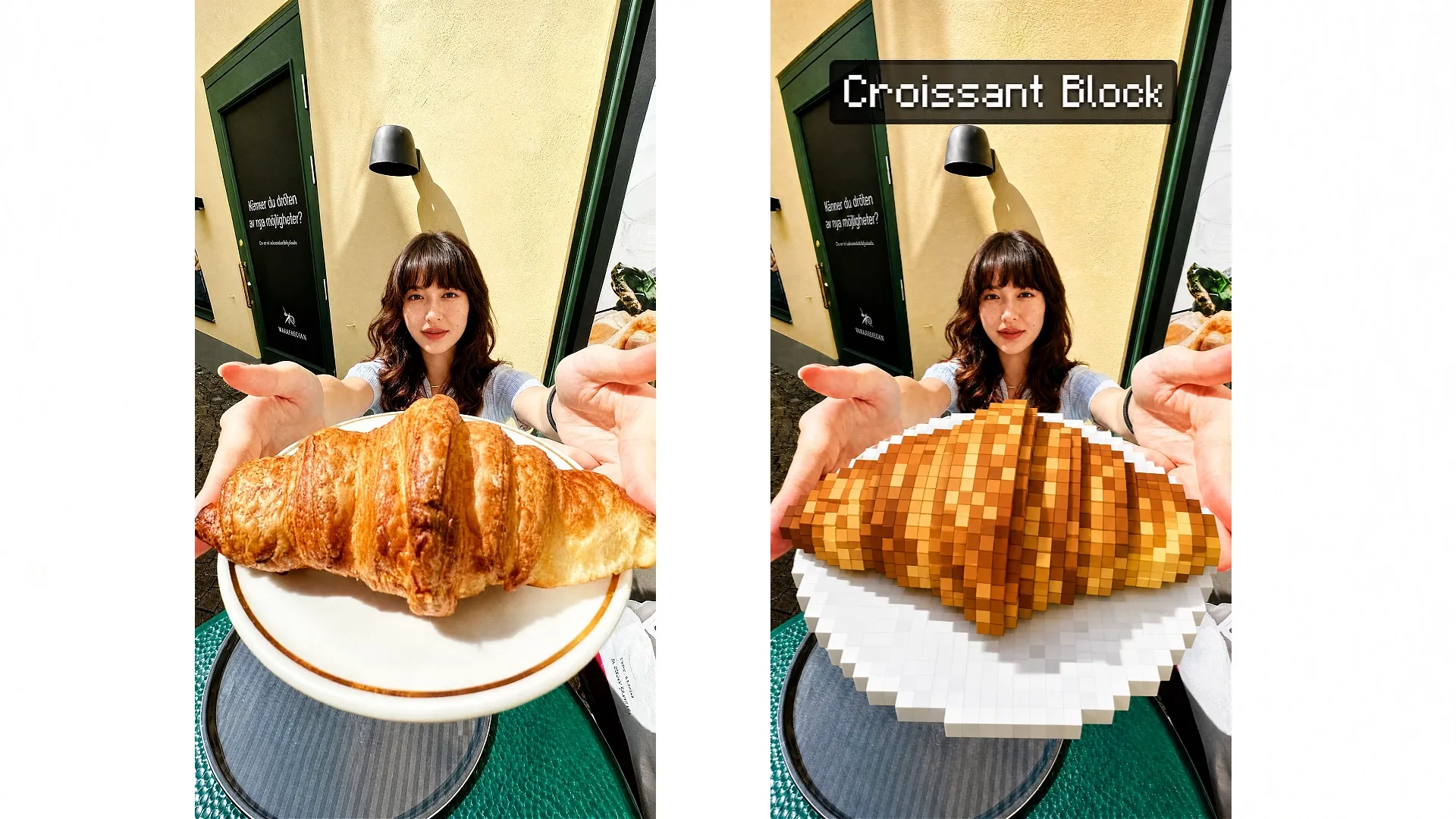 A woman holds a croissant and a pixelated version of it.
