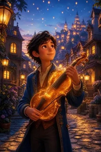 Póster animado de un joven músico con un violín brillante en una calle de pueblo encantado