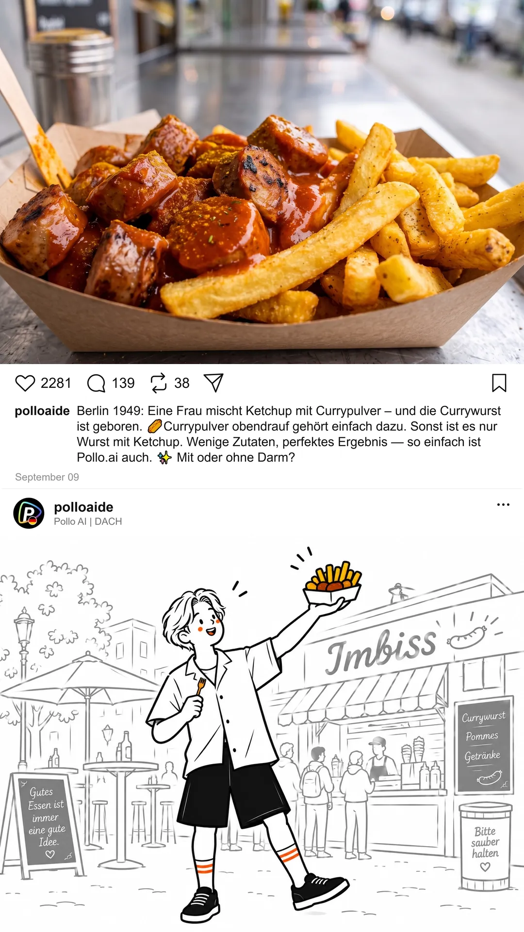 Eine Portion Currywurst mit Pommes in einer Papierschale.