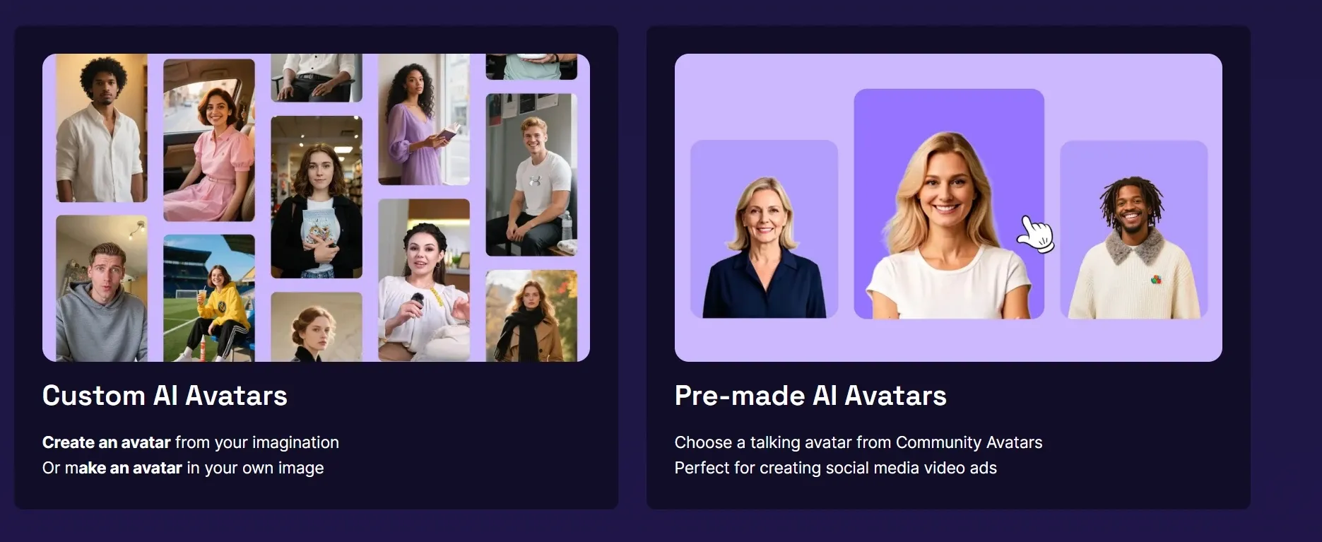 AI avatar tool comparison showing custom AI avatar creation on the left and pre-made community avatar templates on the right
