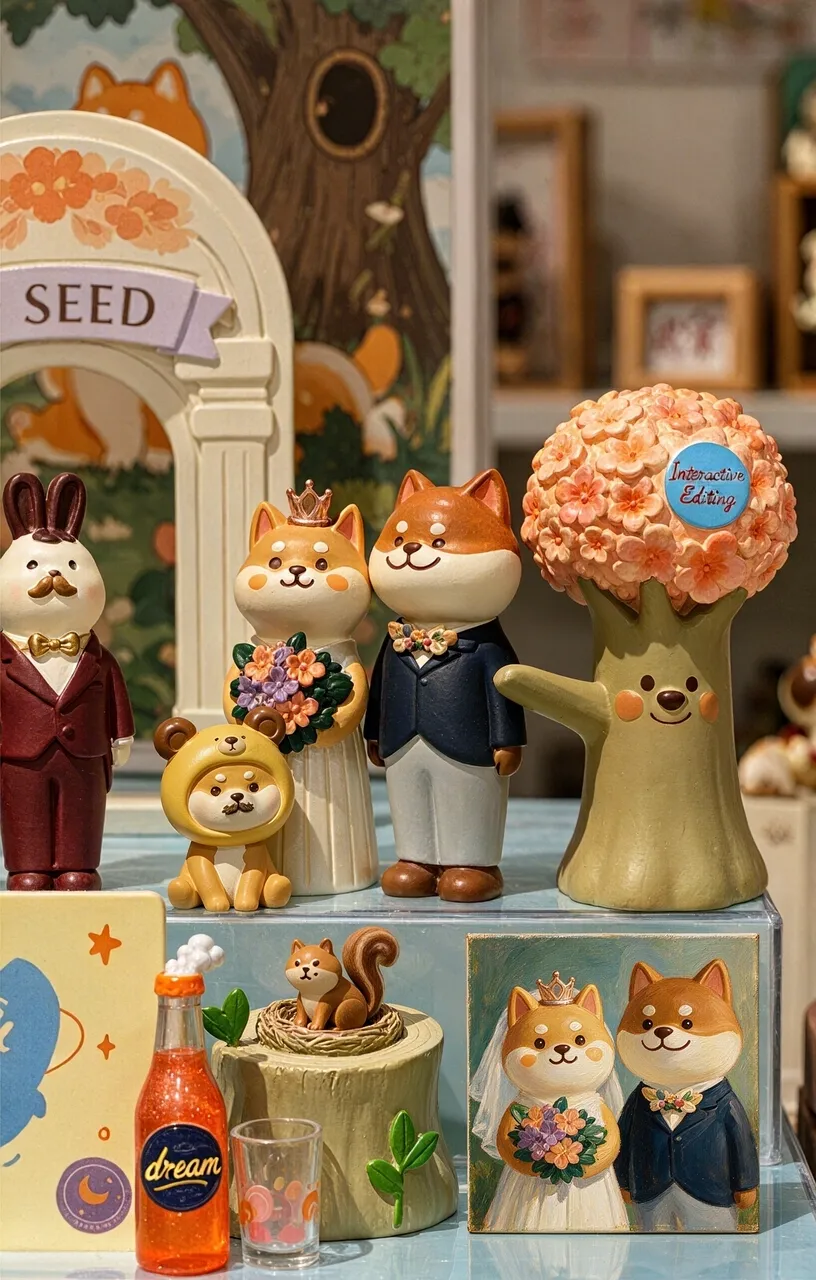 Eine Ausstellung mit niedlichen Tierfiguren, darunter Hunde, ein Kaninchen und ein Bär.