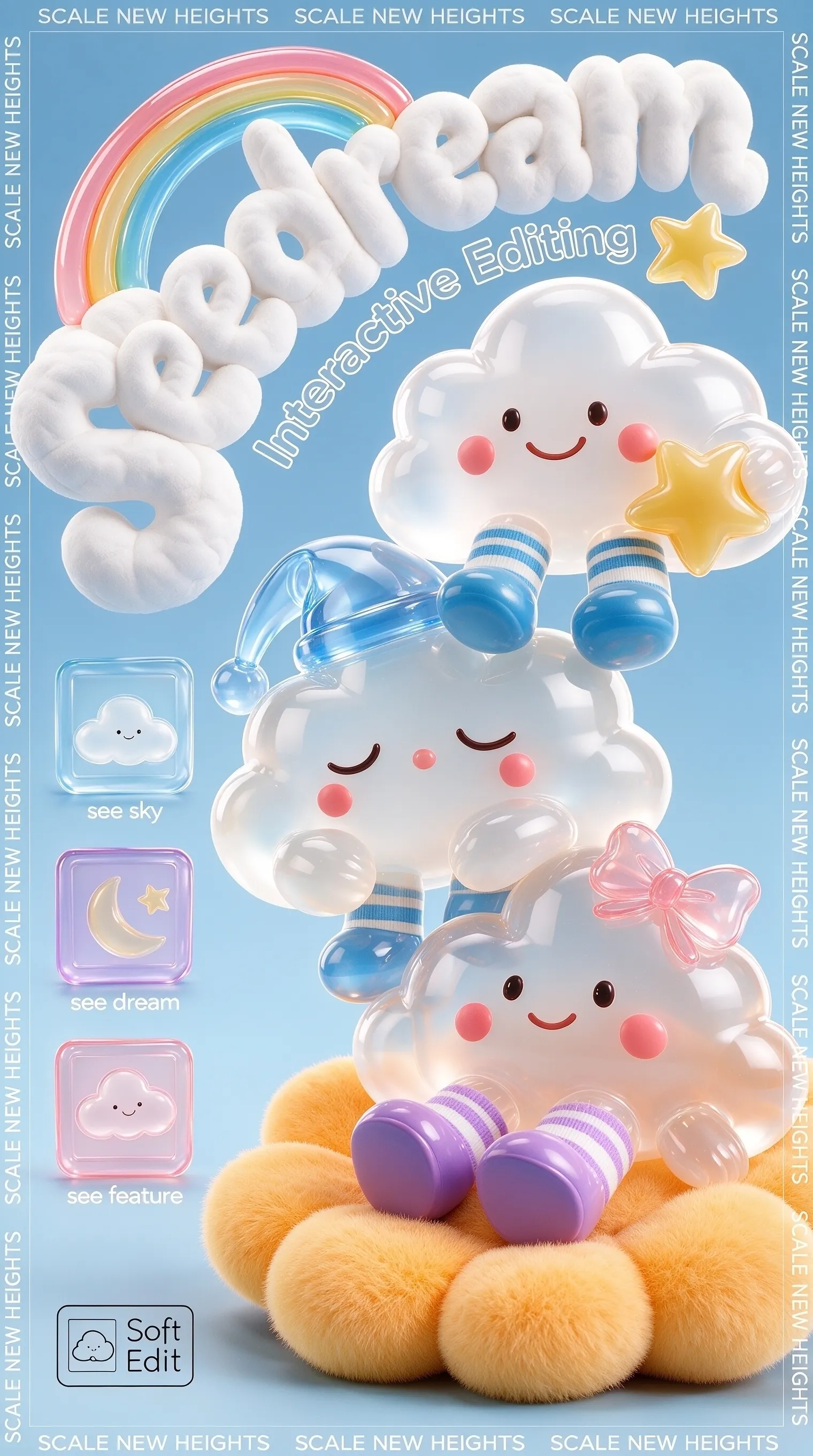 Drei niedliche Wolkenfiguren mit farbenfrohen Accessoires vor einem flauschigen Hintergrund.