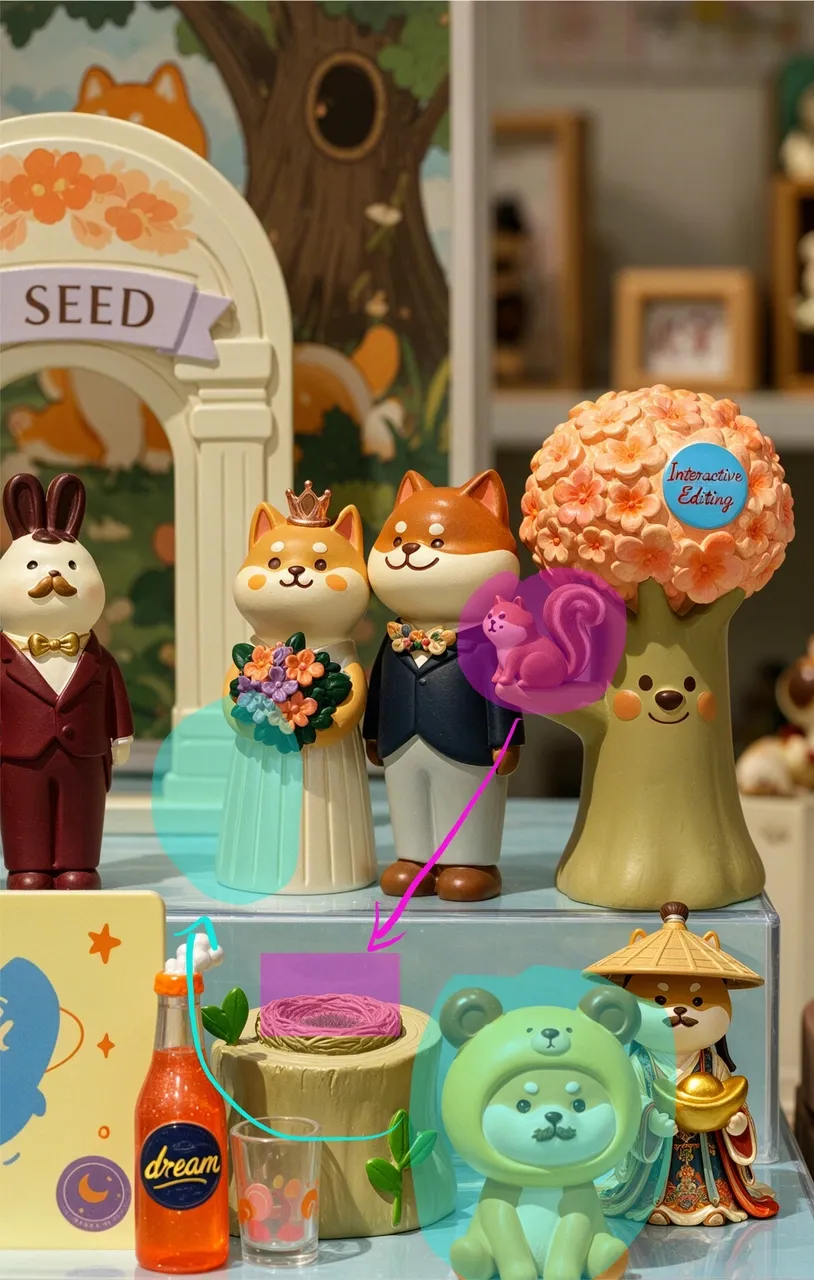 Eine Sammlung niedlicher Tierfiguren, darunter Hunde und ein Kaninchen in einer verspielten Umgebung.