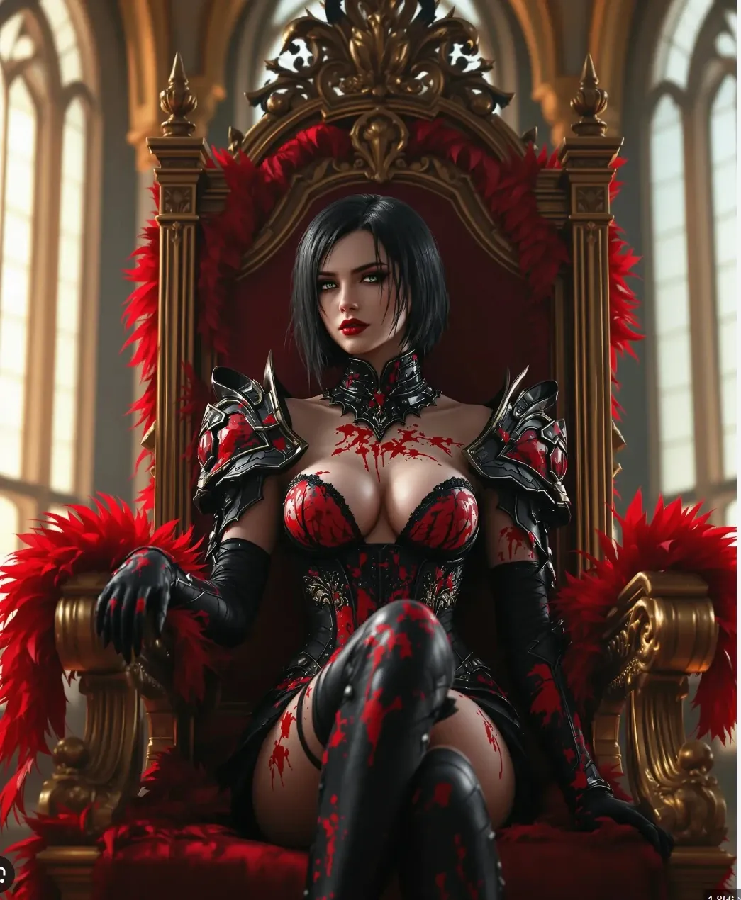 Gothic dark fantasy female warrior sitting on luxurious golden throne with red armor decorations