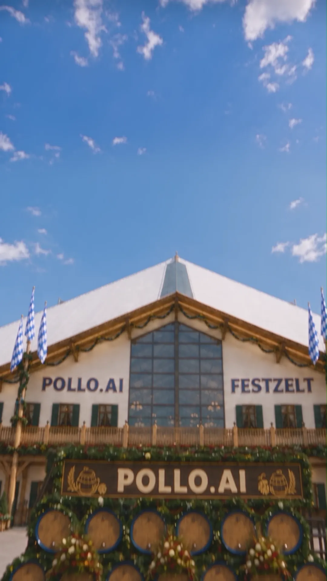 Das Festzelt von Pollo.AI mit blauem Himmel und Fahnen.