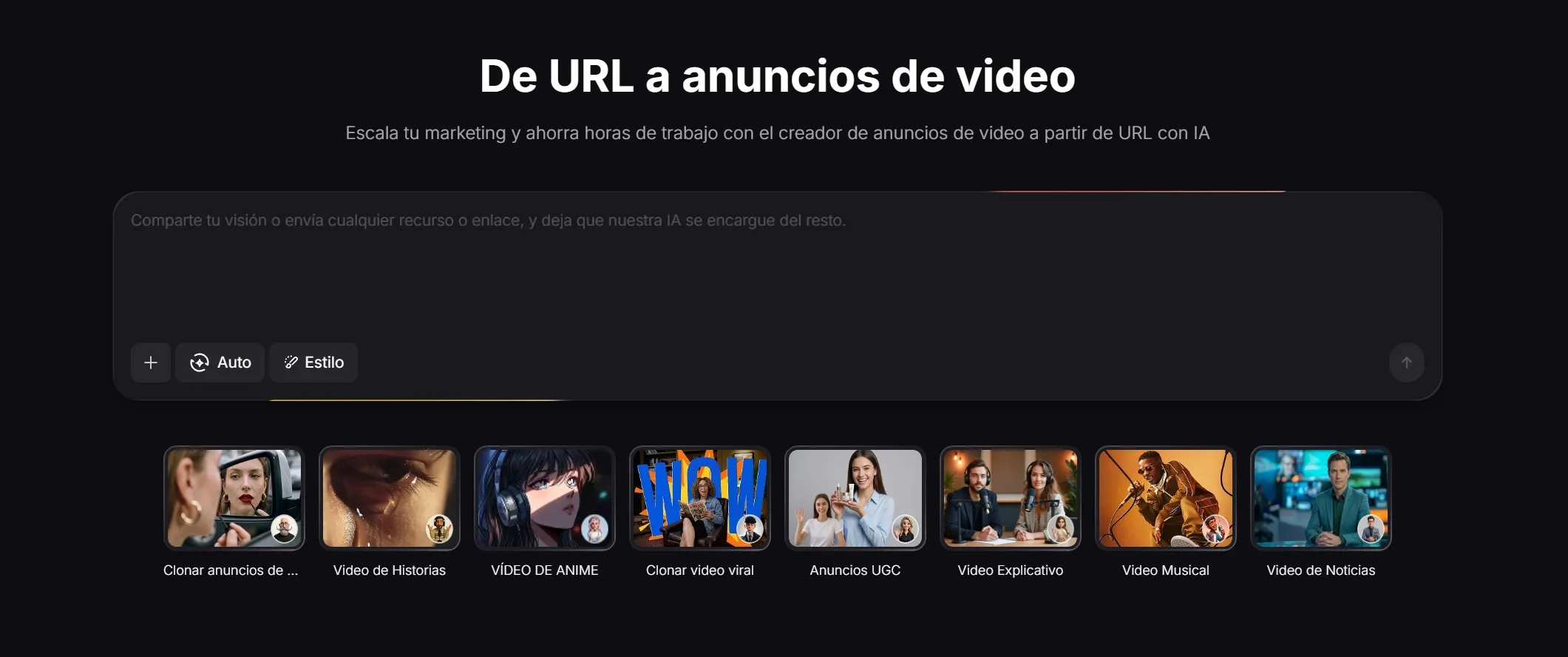 Interfaz para crear anuncios de video a partir de URL con inteligencia artificial.