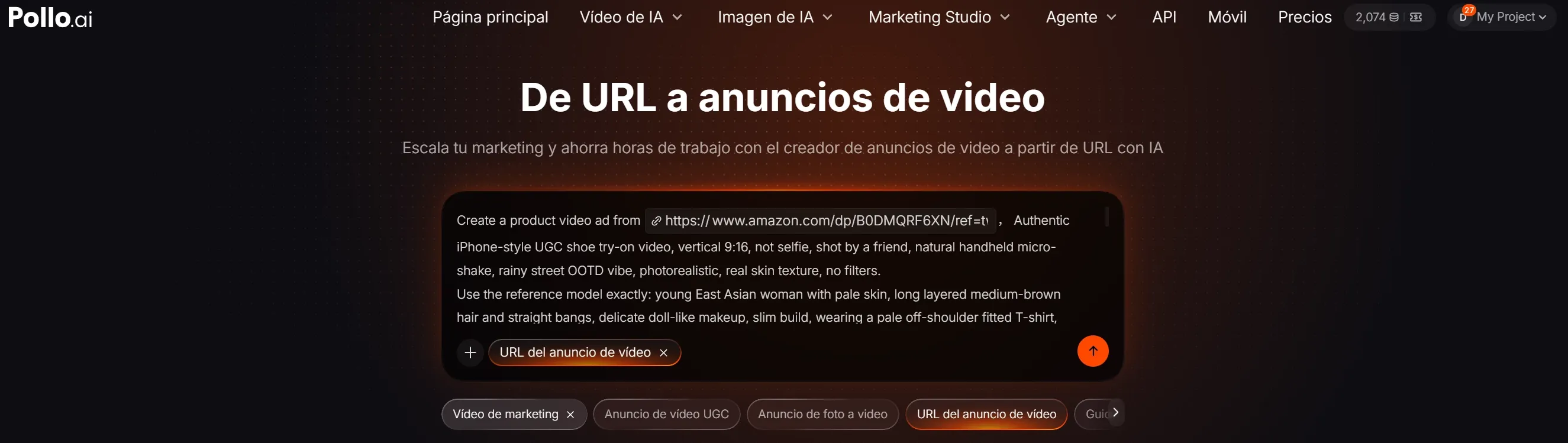 Interfaz de creación de anuncios de video a partir de URL con IA.