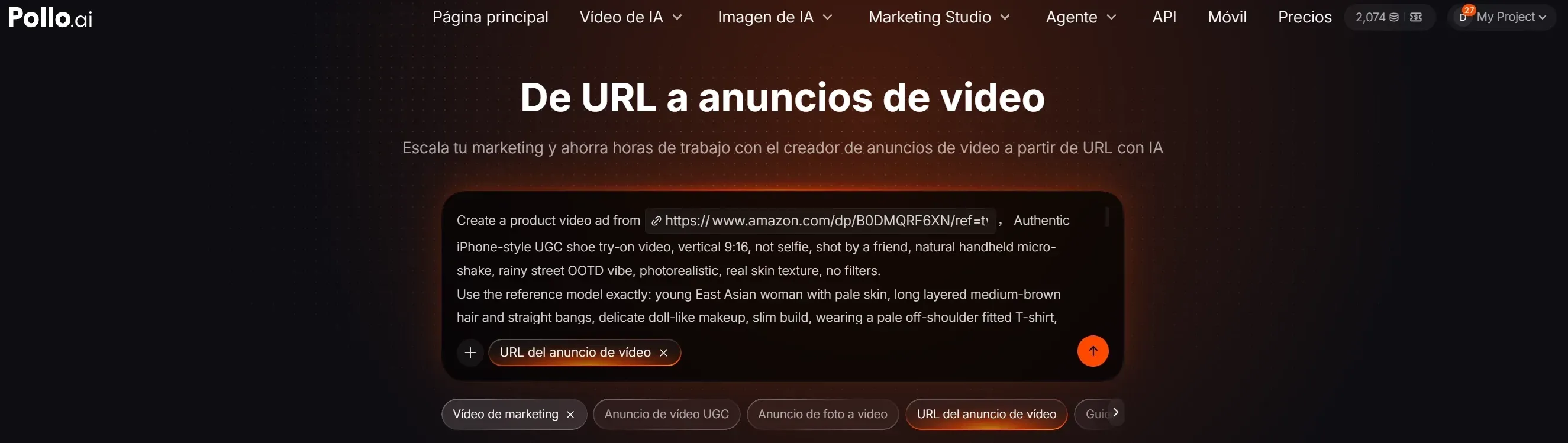 Texto sobre creación de anuncios de video a partir de URL con IA.
