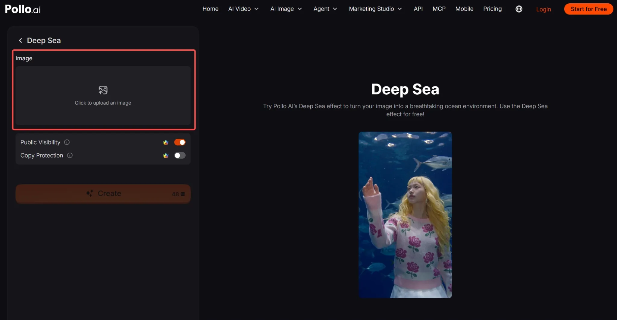 Interface for uploading an image with a deep sea theme.