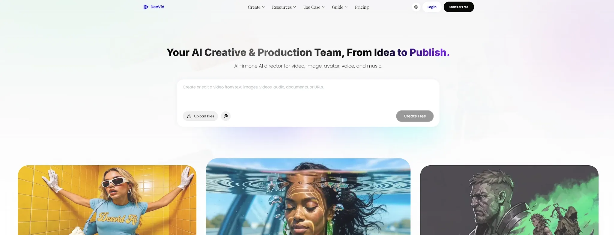 Un sito web che presenta un team creativo basato sull'intelligenza artificiale per la produzione di video e contenuti multimediali.