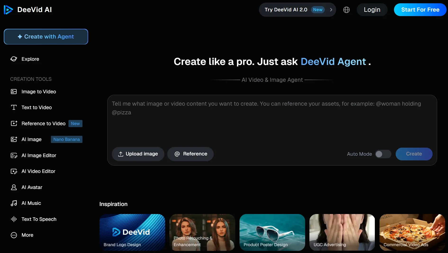 Pagina iniziale di DeeVid AI con strumenti per la creazione di agenti video e immagini basati sull'intelligenza artificiale.