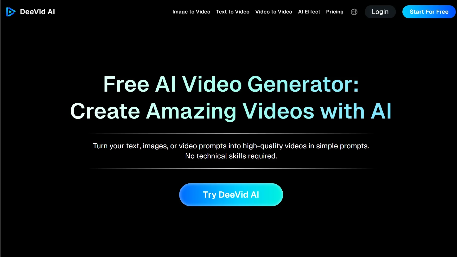 DeeVid AI homepage for creating videos with AI
