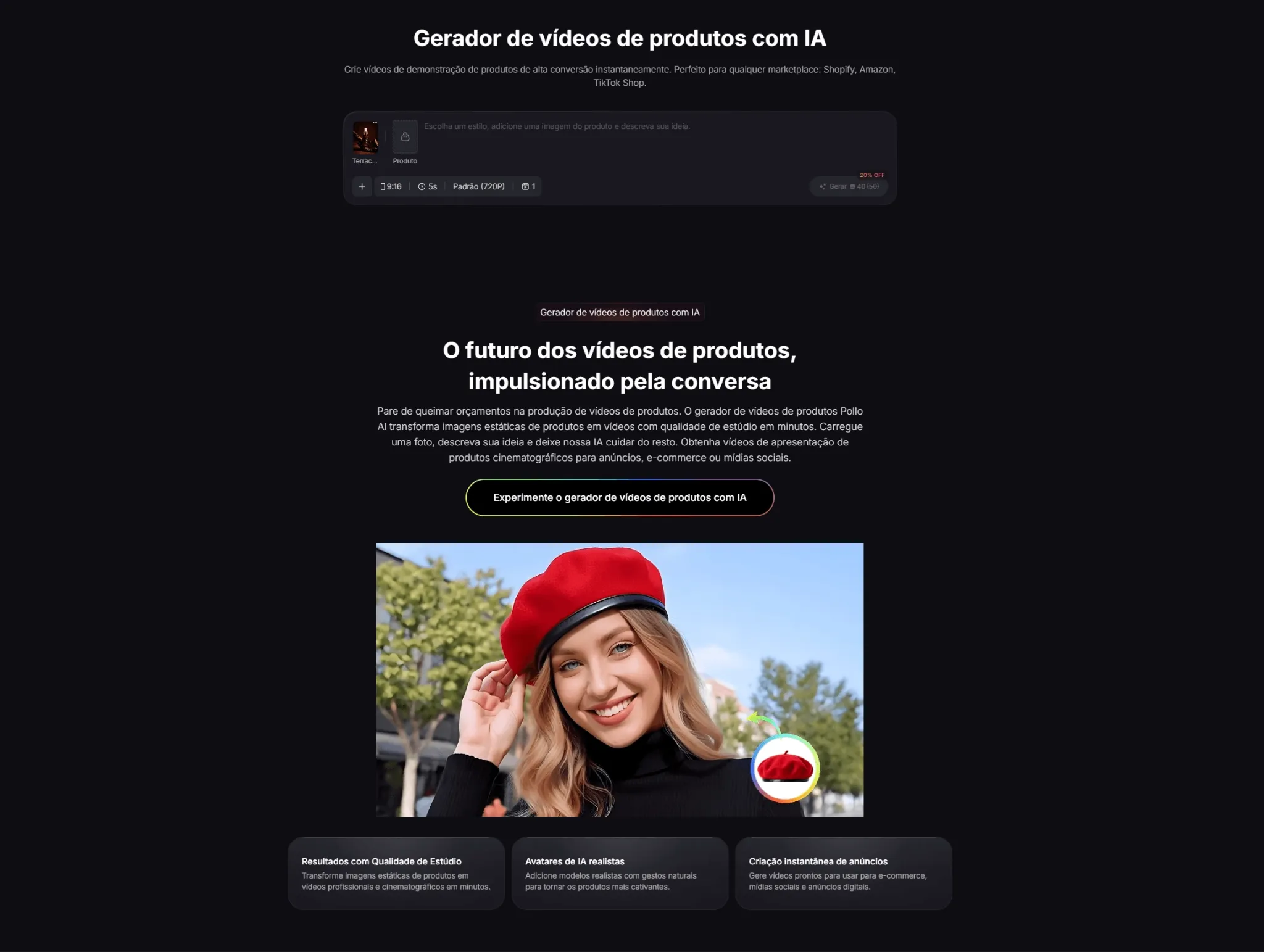 interface do gerador de vídeo de produto do Pollo AI