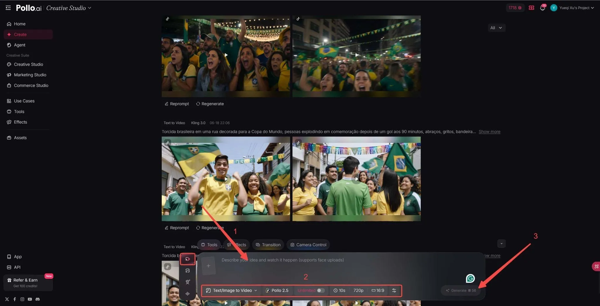 Configurações do Pollo AI para gerar vídeo IA de torcida brasileira