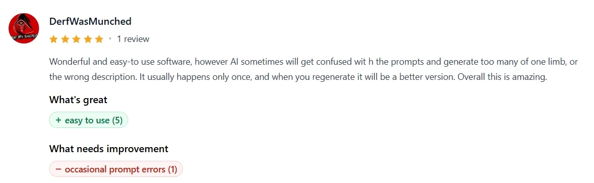 Gebruikersrecensie waarin het gebruiksgemak van de software en de af en toe voorkomende foutmeldingen worden benadrukt.