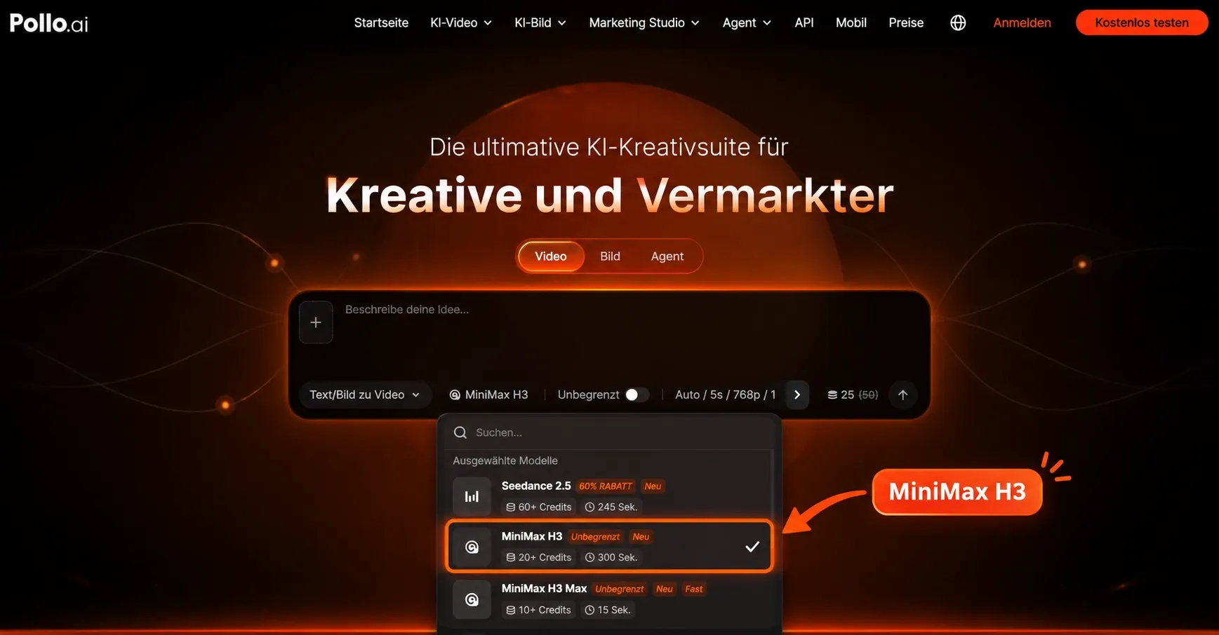 Die Startseite von Pollo.ai für kreative Vermarkter mit KI-Tools.