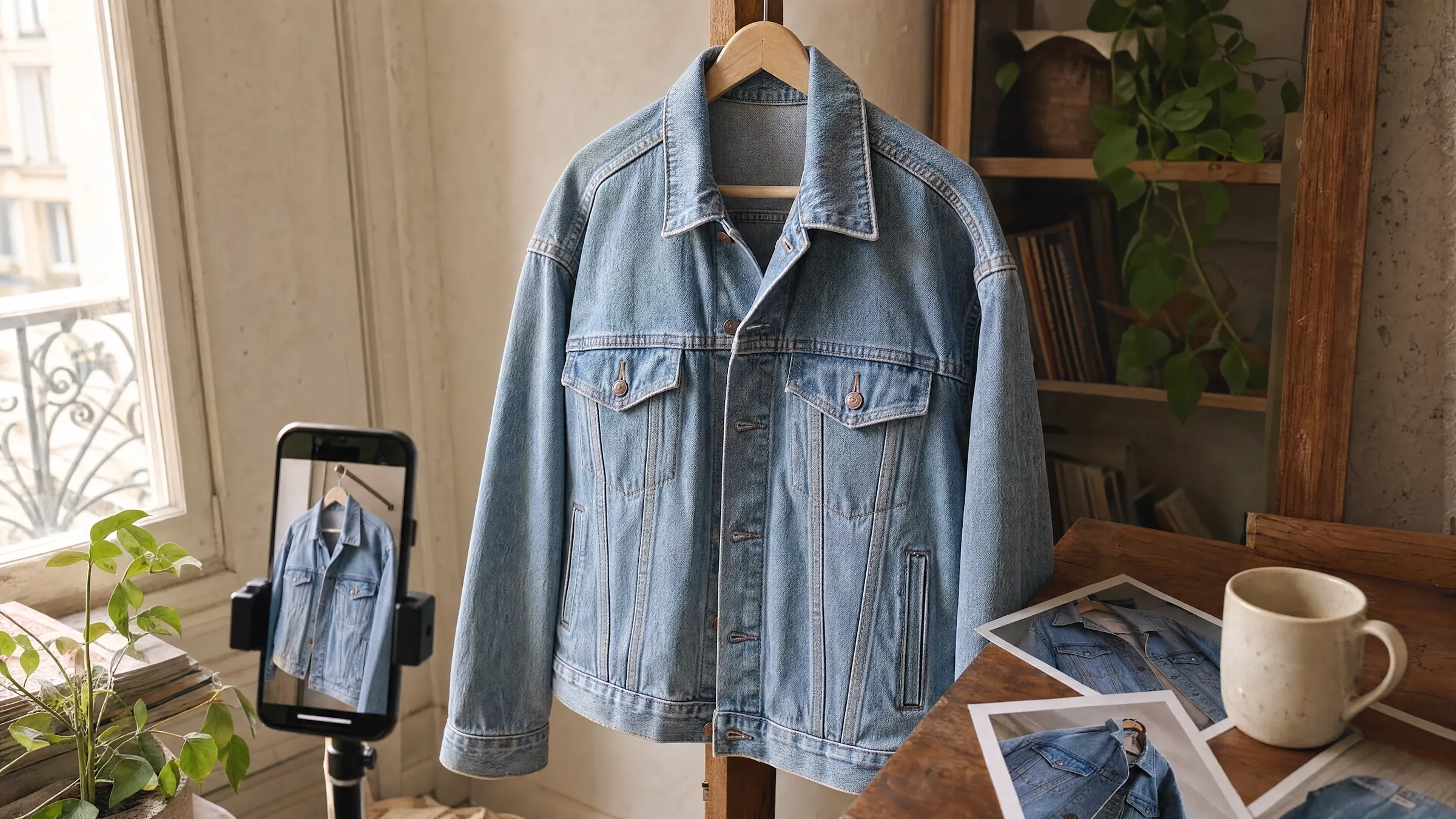 Veste en jean suspendue dans un studio lumineux, avec un smartphone filmant le produit