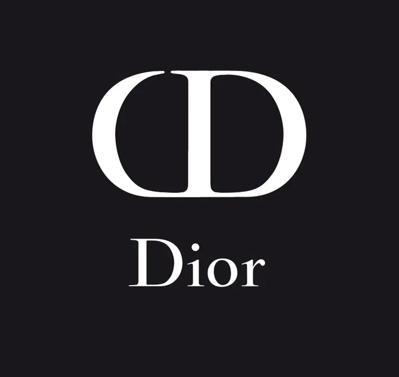 Dior logo featuring stylized letters on a black background.